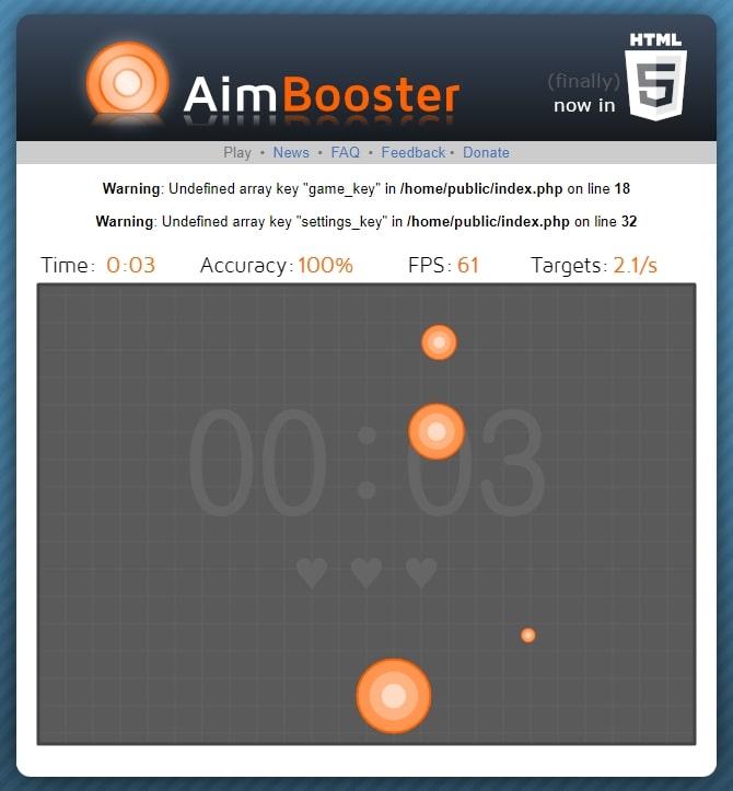 AimBooster 홈페이지 이용 화면