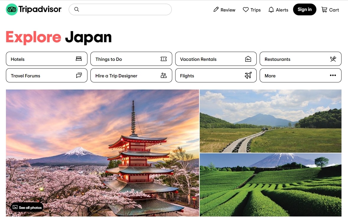 TripAdvisor 홈페이지 일본 검색 화면 