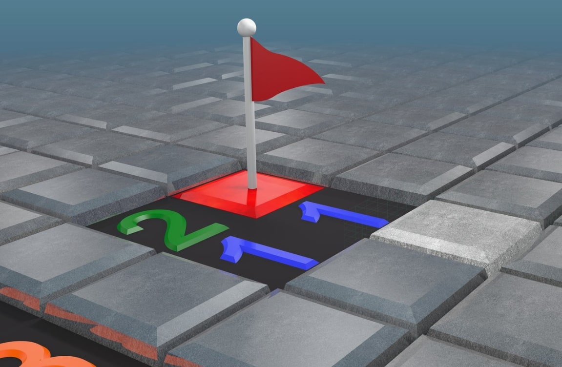지뢰찾기 게임 관련 3D 지뢰찾기 게임 모습으로 숫자 사이에 깃발이 꽂혀 있는 모습