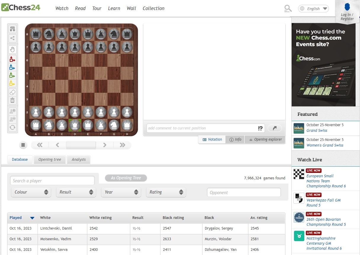 무료 체스 게임 사이트 Chess24 홈페이지 체스 게임 대기실 화면